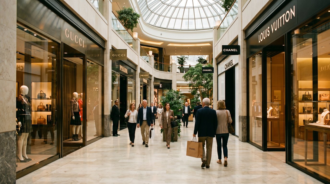 Luxury retail mall interior with premium store fixtures and displays